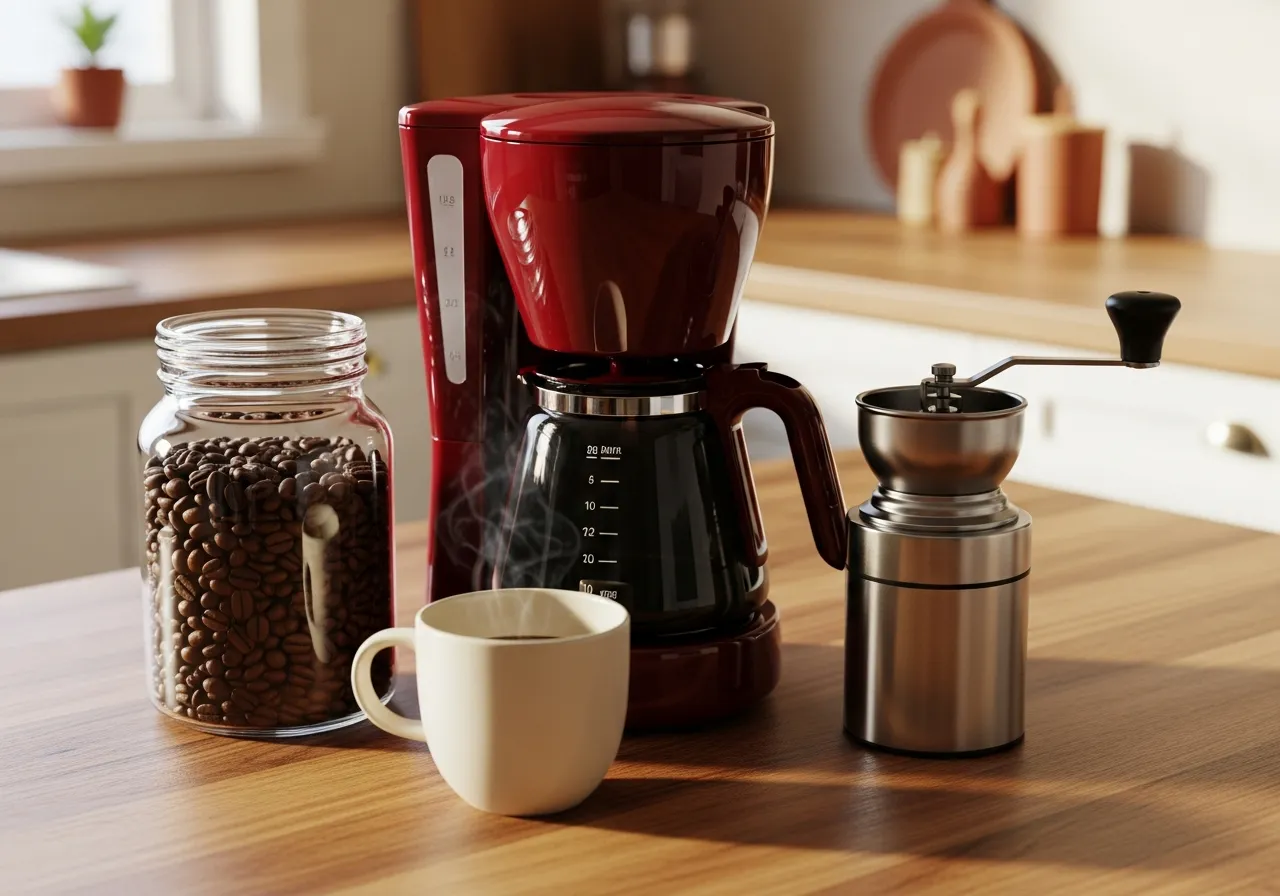 A warm home kitchen counter with a red coffee maker, fresh coffee beans, a grinder, and a steaming mug of coffee